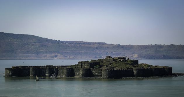 First view of Janjira fort Aerial Photography, a fort surrounded by ocean